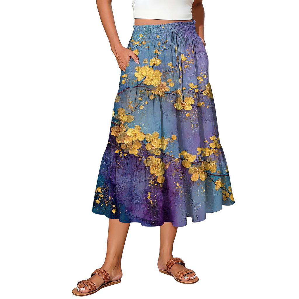 Womens Maxi Skirt Drawstring High Waisted Summer Long Skirts Lightweight Tiered Flowy Floral Pleated Skirts
