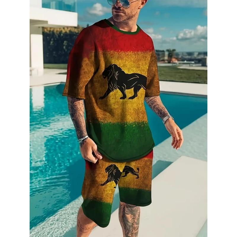 Hip Hop Style Personality Cartoon 3D Printed Men's Round Neck Short Sleeve 2 Fashionable Street Sports All-match Men's Suit