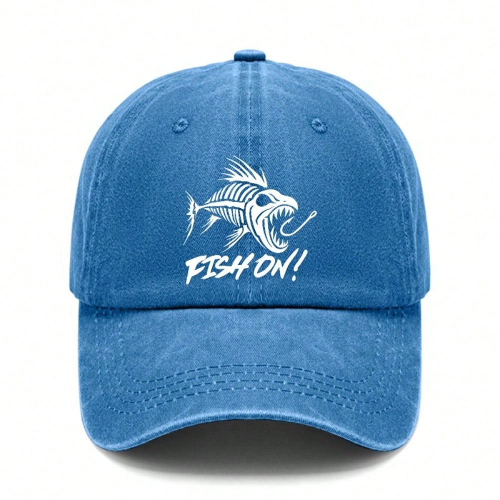 [Fishing Baseball Cap] Vintage Washed Unisex "FISH ON!" Print Polyester Adjustable Curved Brim Outdoor Sports Hat For Camping Beach Daily Wear - Dad