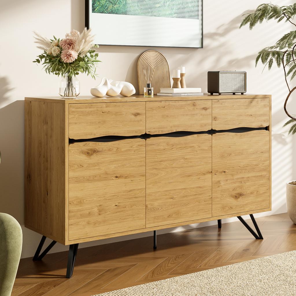 3-Door Sideboard in Wood Look with Metal Legs - Modern Design, Lots of Storage, Easy to Clean - Suitable for Living Room, Dining Room, Hallway