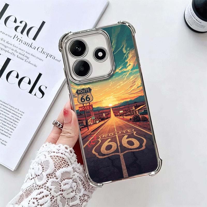America Route 66 Plating Phone Case For Xiaomi Redmi Note 14 15 Pro Plus 13 12 11 11S 11T 10 9S 9 5G Anti-Fall Airabag Cover