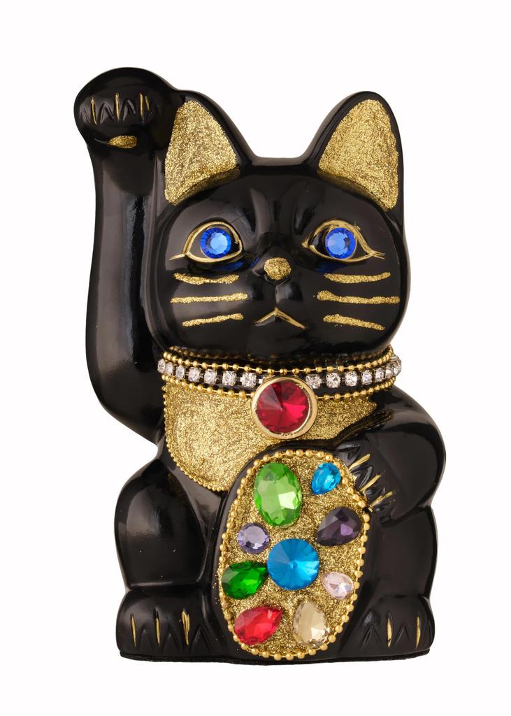 Lucky Cat Jewelry Cat Multicolor Right Paw Raised Ceramic Lucky Cat Auspicious Feng Shui Ornament (M-SIZE Black) / _ Maneki-neko (jwc_M Black)