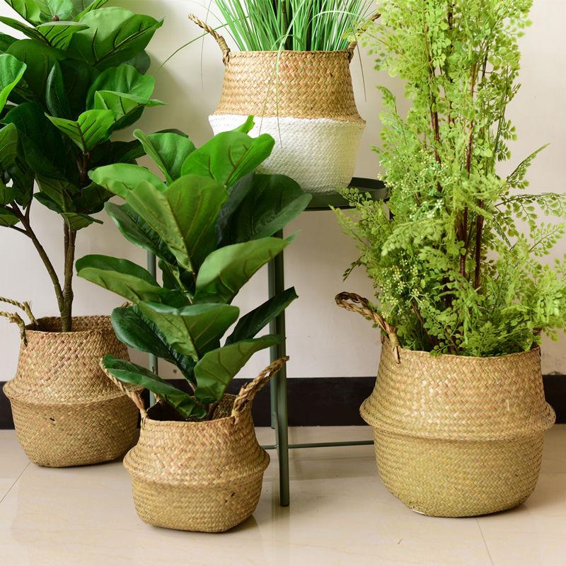 Nordic flower basket, portable woven basket, flower pot, straw woven, bamboo woven, plant woven, floor-standing folding straw wo