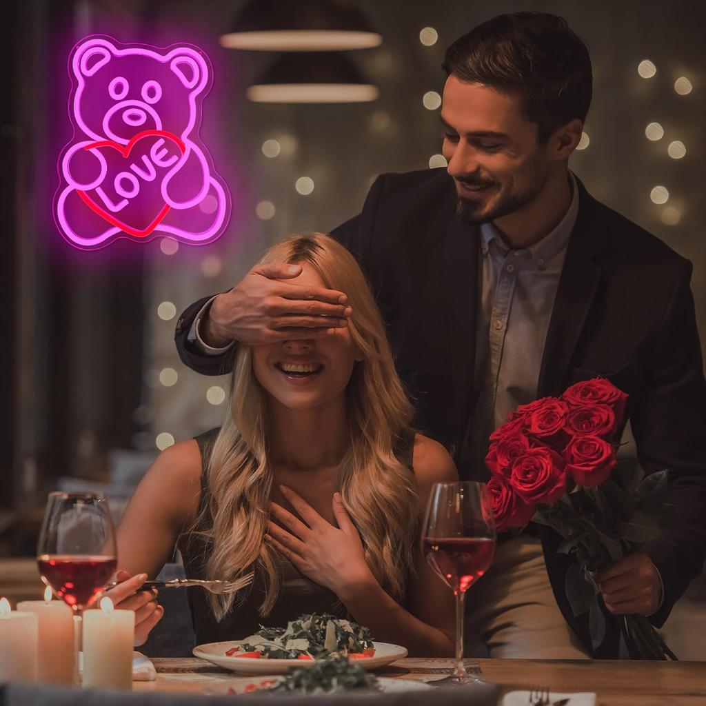 Valentines Day Neon Sign Valentines Teddy Bear Neon Signs for Wall Decor Dimmable Valentines Led Sign Bear Neon Lights for Bedroom Wedding