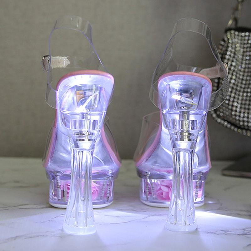 Damensandalen, 14 cm hoher Absatz, sexy transparente Blume, leuchtender Kristall, dicker Absatz, 10365-Serie, 14 cm LFD