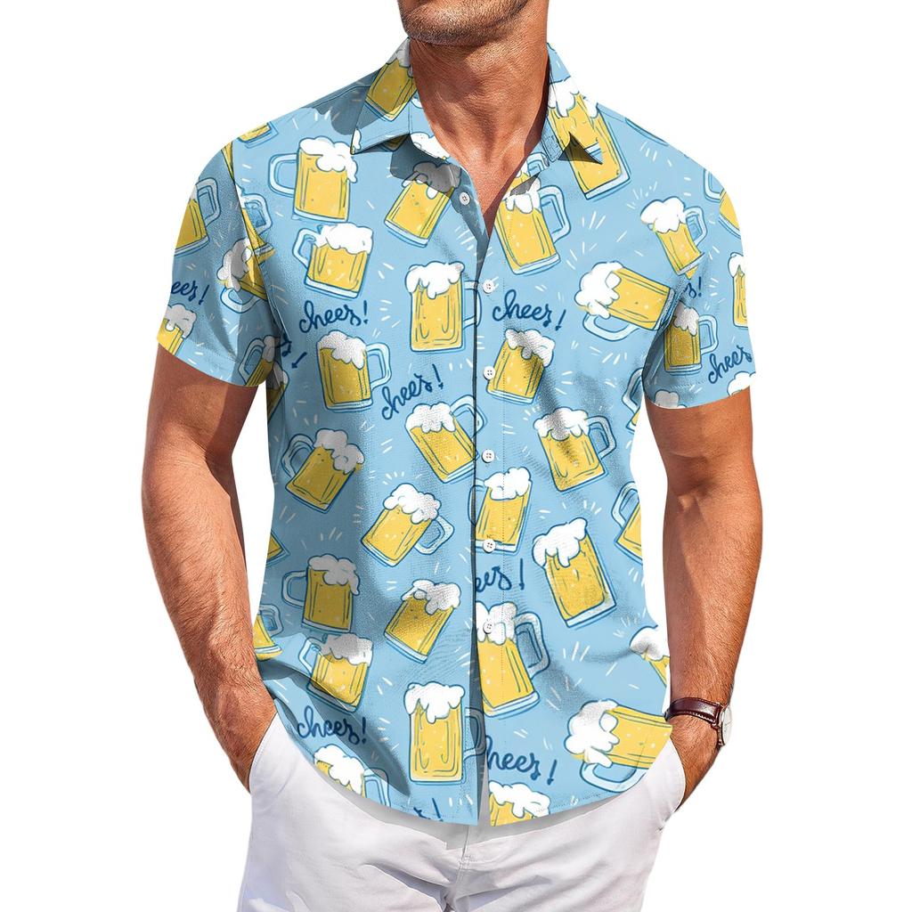 Men's Casual Short Sleeve Button Down Shirt with Mug Print Relaxed Fit Lightweight Top for Everyday Wear Festival
