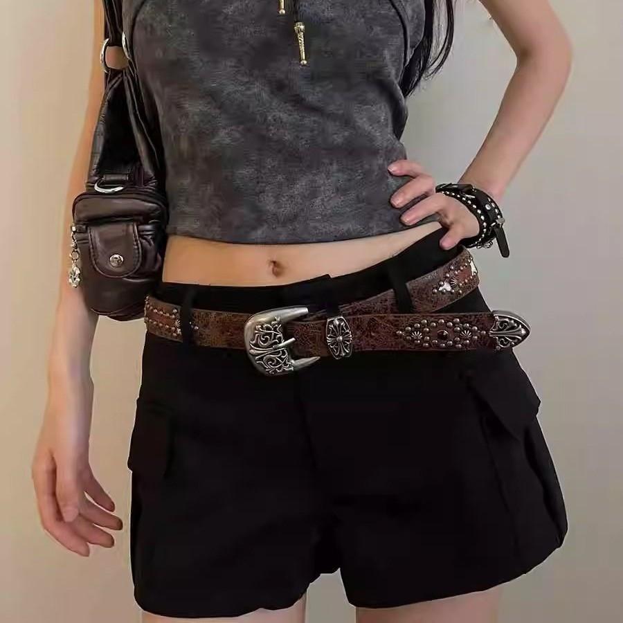 Cintura in Pelle Marrone Incisa Retro per Donna con Fibbia in Lega per Jeans e Abbigliamento Casual