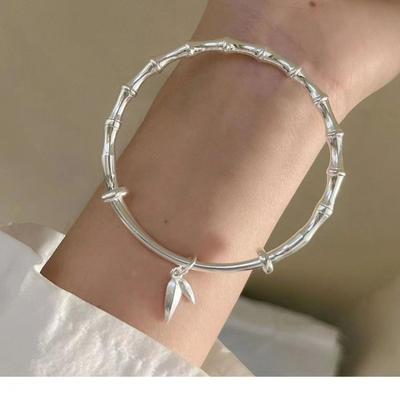 Zuyin 999.9 Ancient Scenery Face Bamboo Knot and Leaf Push-pull Bracelet with Personalized Temperament Bracelet and High Rising Women's Bracelet