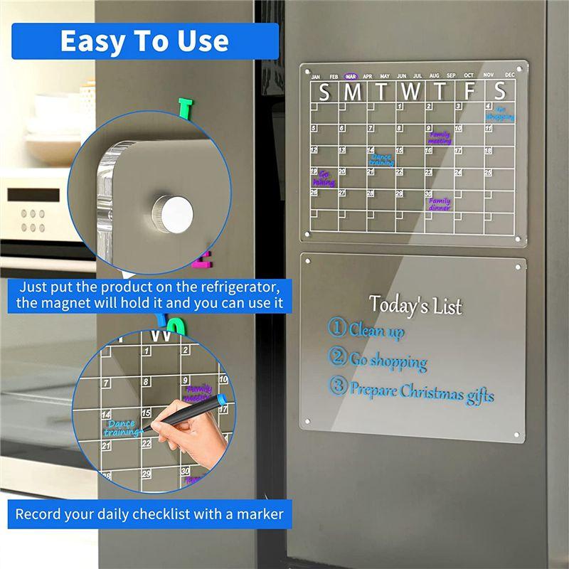 BHBL Acrylic Dry Erase Board Set for Fridge, Clear Monthly Calendar 6 Pens & Pen Holder, Refrigerator Planner Board