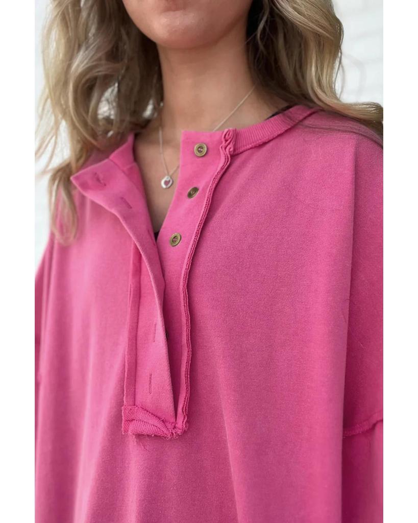 Azura Exchange Rose Red Exposed Seam Button Neck Wide Sleeve Tunic Top