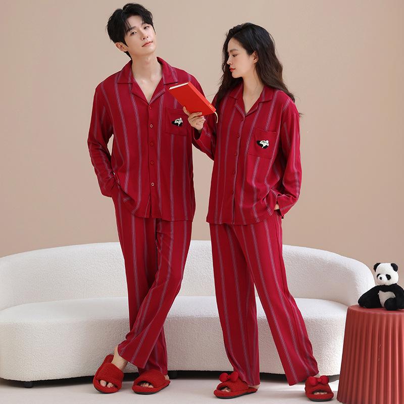 Pure Cotton Red Pajamas Wedding Couple Spring and Autumn One Man and One Woman New Wedding Striped Loungewear Long-sleeved Suit
