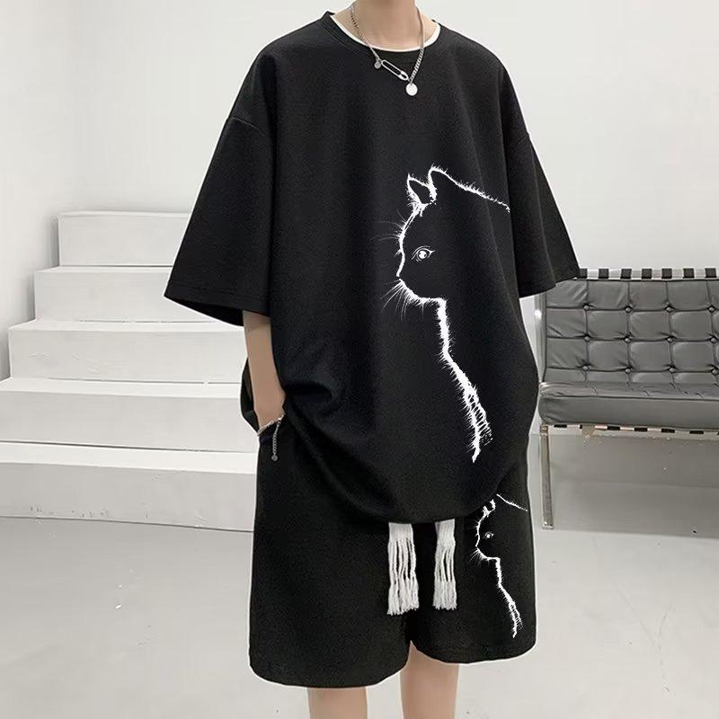 

Костюм из вафельной ткани, мужская мода, спортивная повседневная футболка, летние шорты для мальчиков, мужской свободный костюм-двойка с принтом кота XXXL чёрный