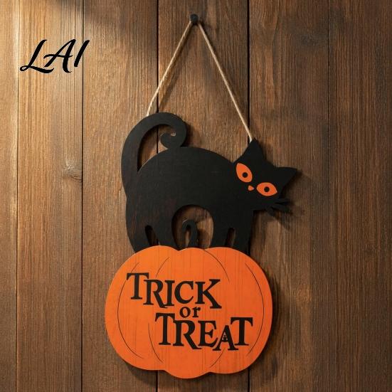 Creative Holiday Ornament Halloween Wooden Door Sign Black Cat And Pumpkin Plaque Rustic Spooky Home Party Decoration Farmhouse Wall Hanging