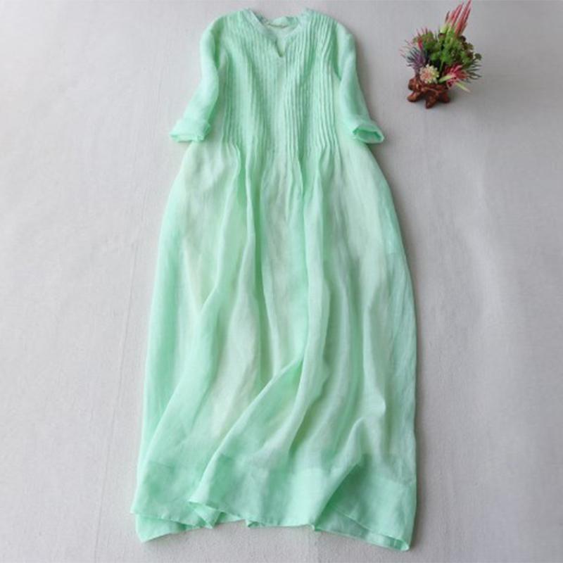 

Літо Осінь Новий Стійка Комір Бавовна Льон Складки Халат Жіночий 3/4 Рукав Вільний Повсякденний Мода Vestidos Жіноча Однотонна Сукня XXL зелений