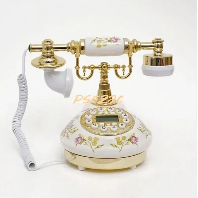 Wired Telephone Home Electroplating Blue Screen Retro Telephone Rural Ceramic Antique Decoration Desktop Crafts