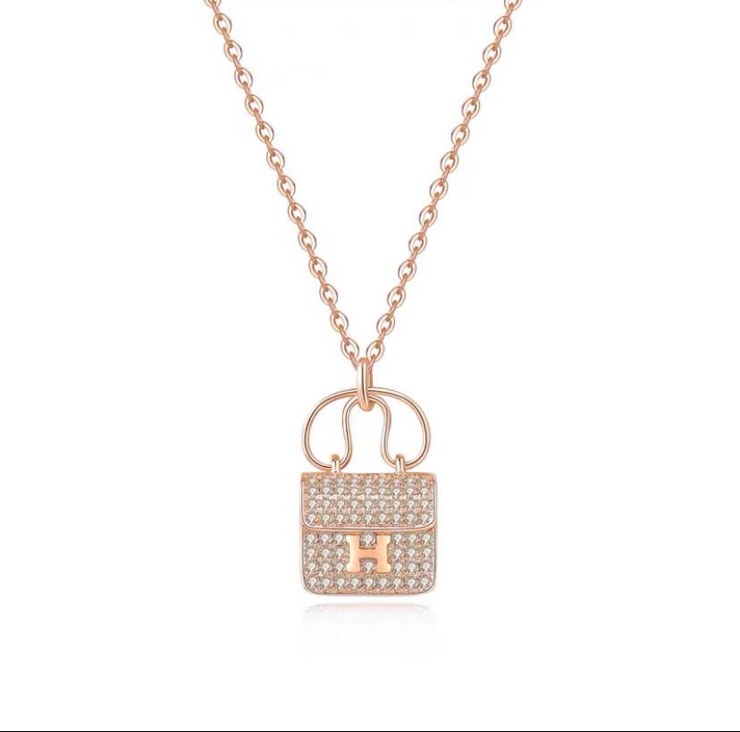 Kang Kang Luxury H Bag Necklace: Sterling Silver & 18K Rose Gold Diamond Pendant for Women