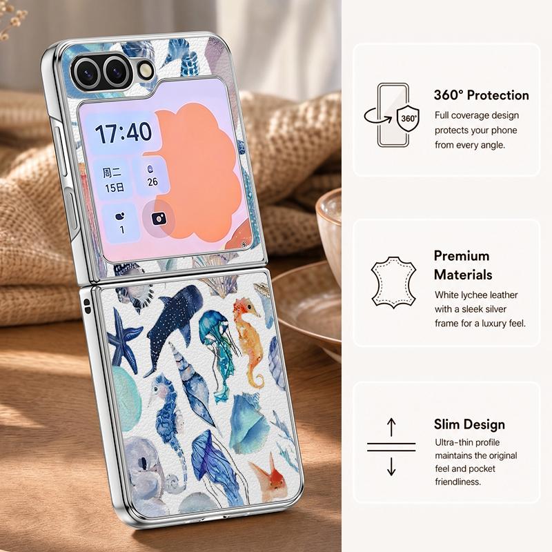 Jellyfish Dolphin Pattern Case For Samsung Galaxy Z FlIP 7 FE 6 5 Z Flip7 Flip6 Flip5 Luxury Plating PC+PU Leather Hybrid Folding Phone Cover