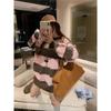 Kumikumi Idle Style Pink Brown Stripes Crew Neck Pullover Sweater Women Autumn Chic Versatile Loose Top