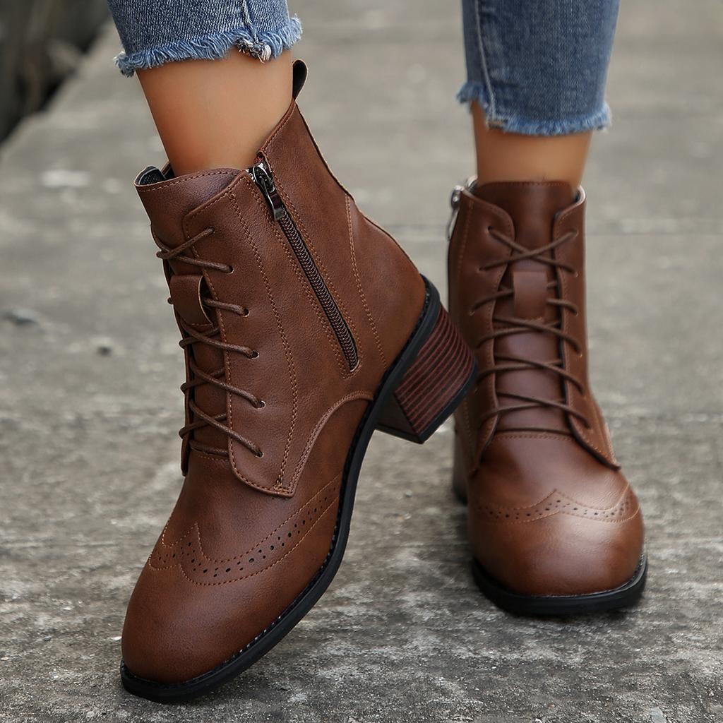Women Square Head Splice Lace Up Versatile  Autumn Winter Square Med Heel Ankle Boots Lace Up Zipper Ladies Pumps Leather Shoes