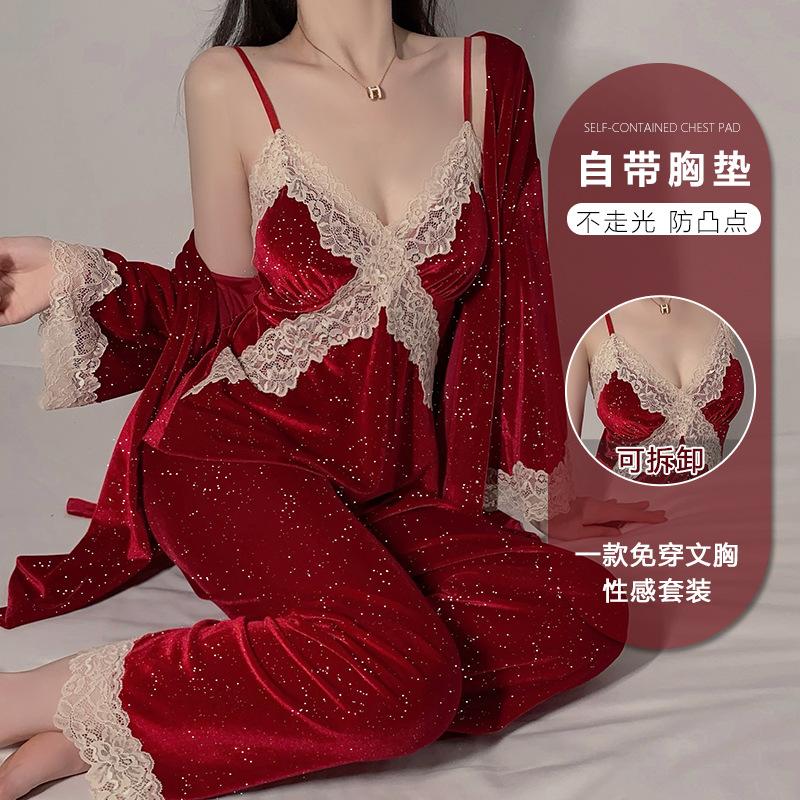 Women's Velvet Silver Foil Push Up Padded Cami Sleep Dress with Robe Lounge Set