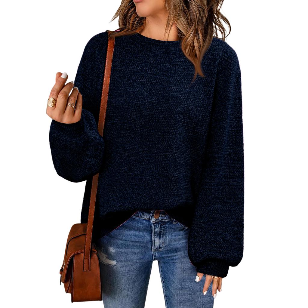Women's Fashion Round Neck Pullover Sweater Casual Versatile Solid Color Knit Top