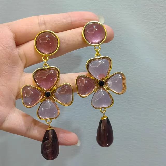 Vintage Pink  Purple Glass Flower Earrings for Women - Trendy French Style Dangle Studs with Silver Needle