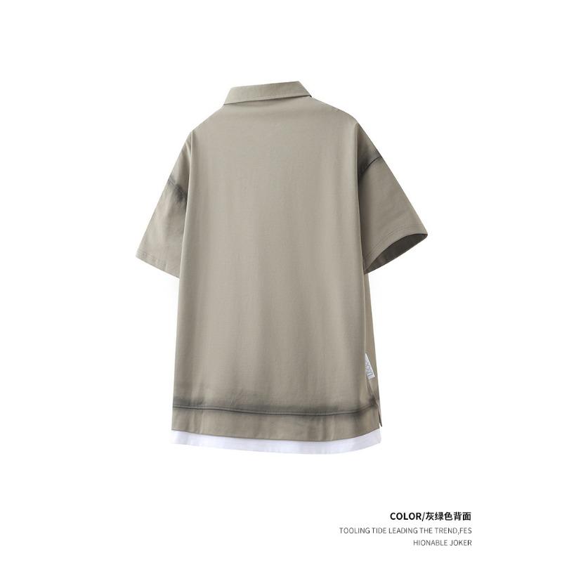 Men Turn Down Collar Short Sleeve Polo Shirt Gradient Washed Fake Two Piece Loose Casual Tops