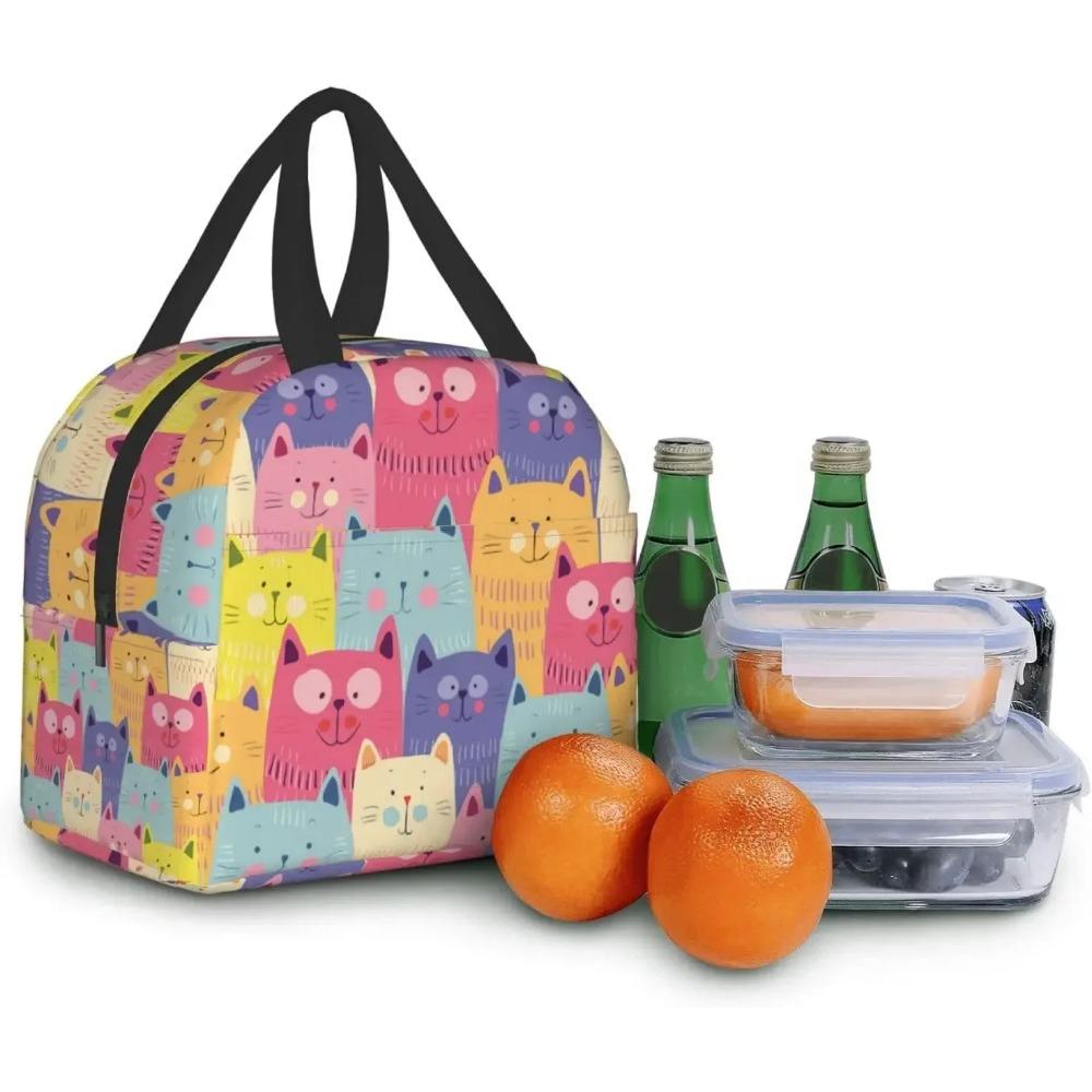 Colorful Cute Cat Printed Lunch Bags For Women Portable Cooler Tote Bag Large Reusable Insulated Lunch Box For Travel Work