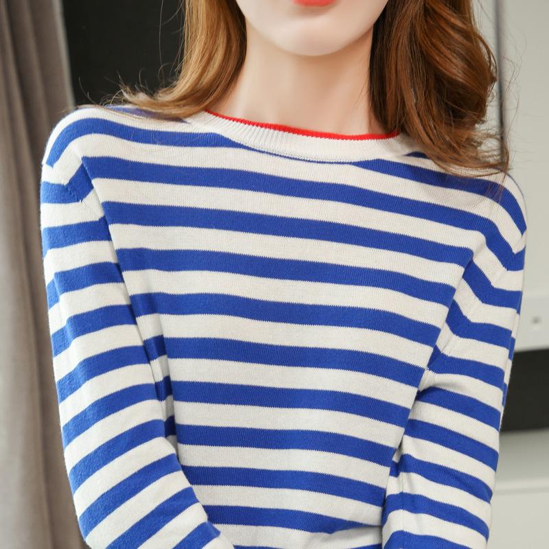 Combed Cotton Thread Round Neck Striped Sweater for Women In Spring and Autumn Cotton Thread Long-sleeved T-shirt Sea Soul Top Comfortable Fit Base