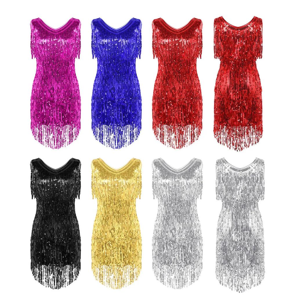 Women Latin Dress Shiny Sequin Sleeveless Tassels Fringed Dress Tango Samba Rumba Ballroom Salsa Jazz Dance Performance Costume