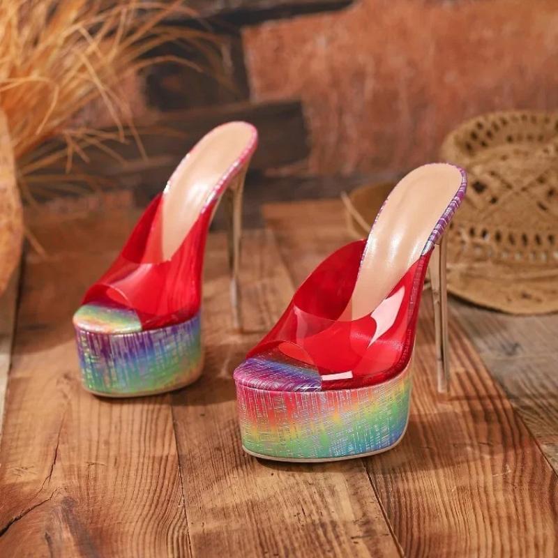 Pesstwei Neue Sexy Stiletto-High Heels Damen-Slipper Design Stil Bunte PVC-Transparente Bankett-Slides Damenschuhe