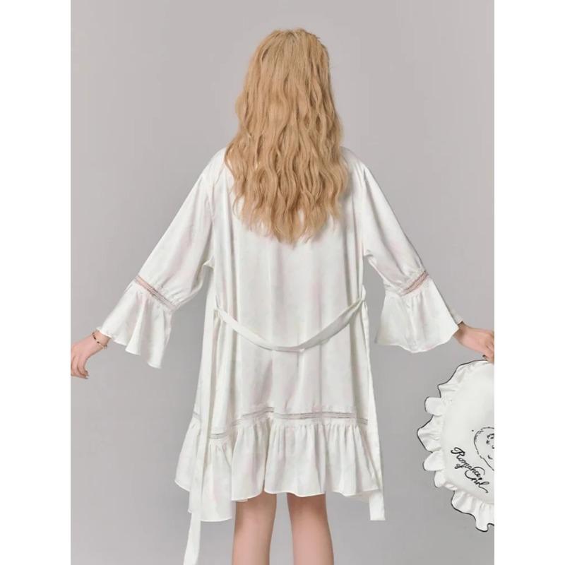 French Dressing Gown Pajamas for Women Autumn Sexy Suspender Skirt Nightgown Bathrobe Two-piece Ice Silk Set