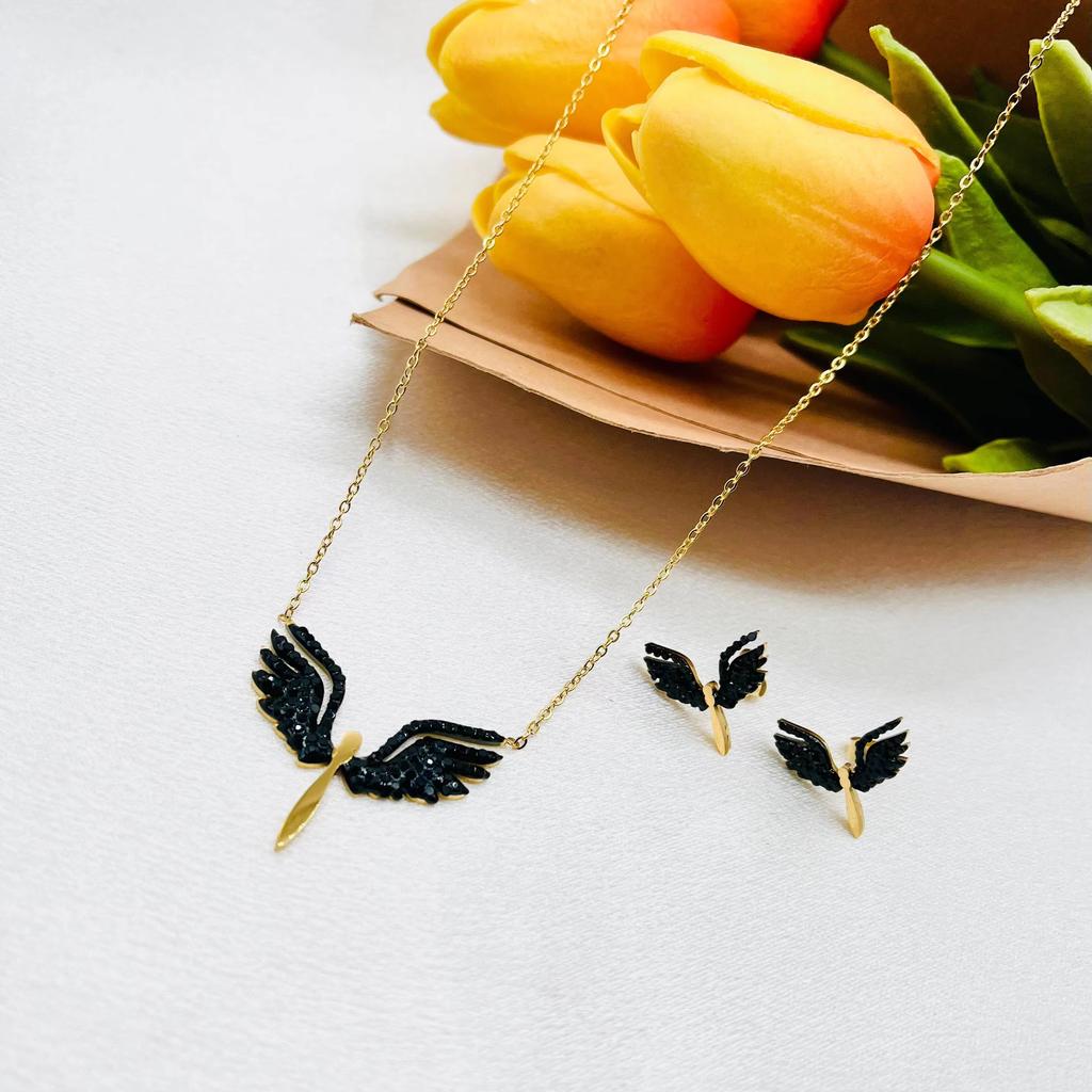 hc Fashion Design Stainless Steel Necklaces Set 18k Gold Plated Micro Zircon Angel wings Pendant Necklace Fine Jewelry