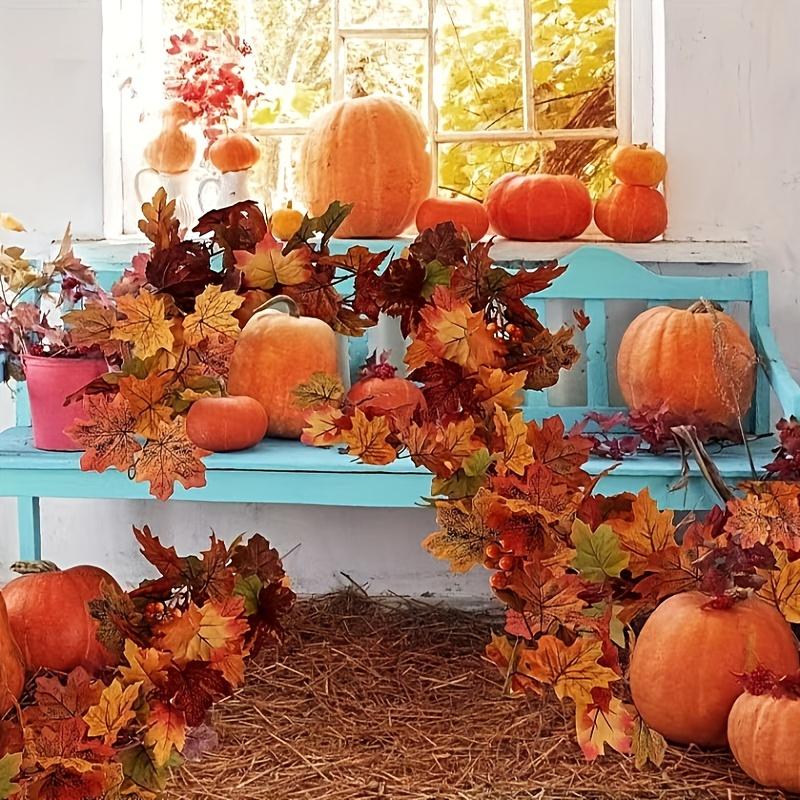 1PC Extra Long 78.74 Faux Maple Leaf Wreath - Realistic Fall Shades Red, Orange & Yellow Green | Heavy Duty Plastic Branches Vines