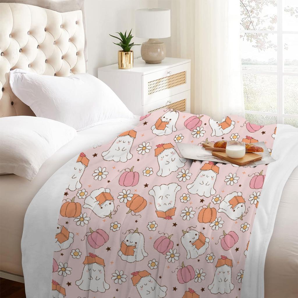 Pink Blanket Happy Halloween Lovely Ghost Flora Soft Flannel Blanket for Home Living Room Bedroom Halloween Decor Birthday Gift