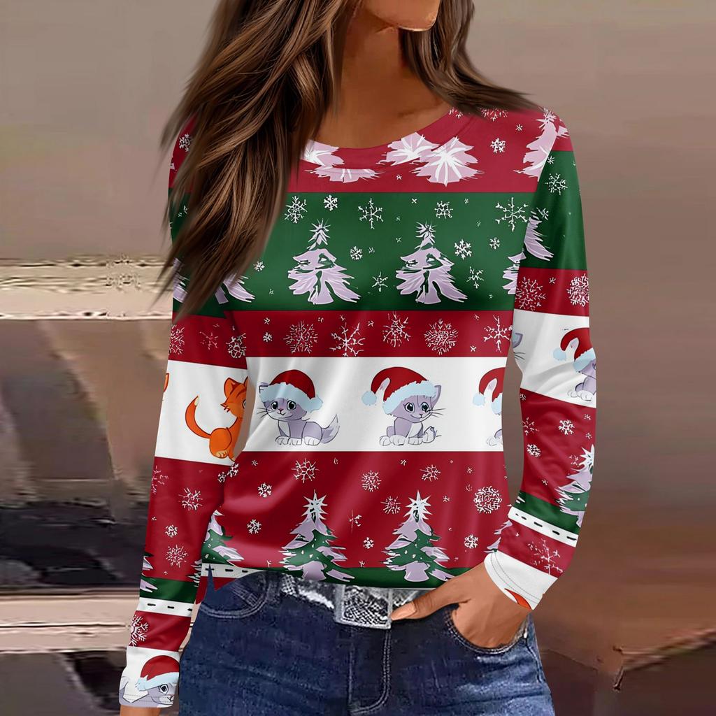 Women's Fashion Casual Slit Hem Round Neck Long Sleeve Loose Christmas Printed T-Shirt Ladies Top