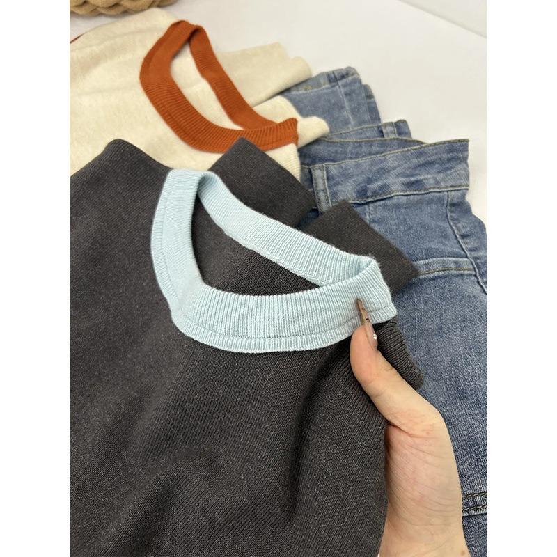 Contrasting color crew neck knitted bottoming shirt women's spring slim-fitting and thin top, warm inner sweater