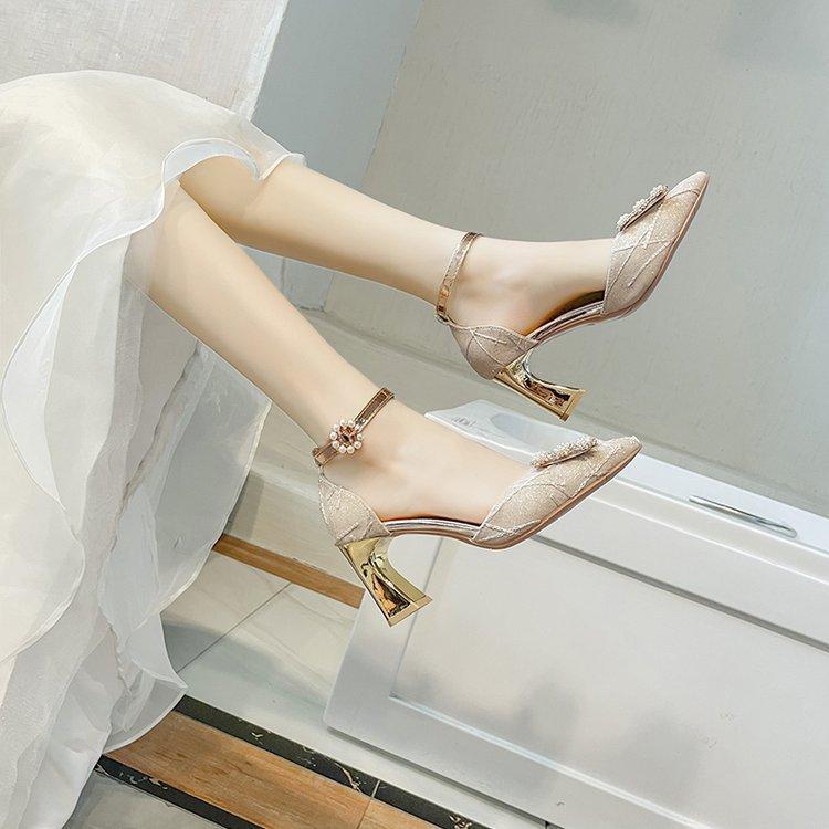 

Fairy style beautiful temperament high-heeled sandals French crystal one-word buckle belt fashion high-heeled sandals summer versatile shoes 40