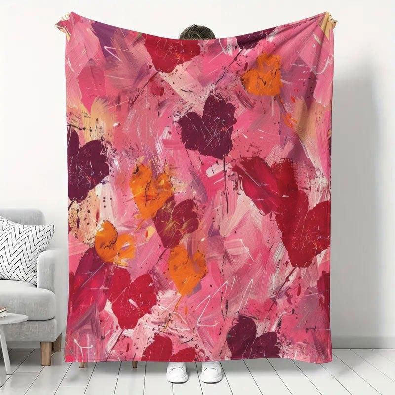 1pc Abstract Oil Painting Heart Print Flannel Blanket, Autumn Winter Warm Sofa Cover, Bedroom Nap Office Shawl Blanket, Home Skin-Friendly Soft Air Co