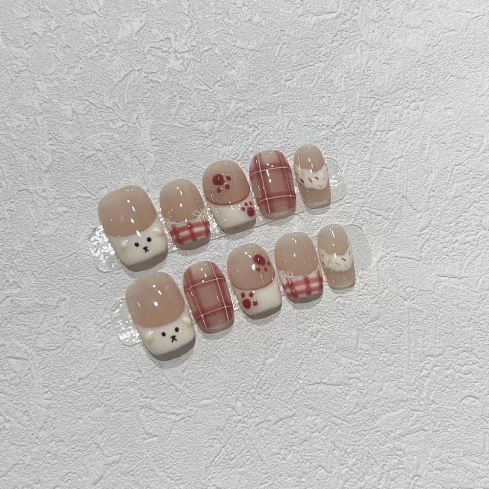 Summer Sweetheart Handmade Full Cover False Nails Kawaii Cartoon Cat Flower Cat Eye Short Square Reusable Fake Nail Stickers