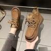 Flat Shoes Women's Leather Motorcycles Boots Round Toe Stitched Lace Up Thick Sole Women's Low Heel Shoes