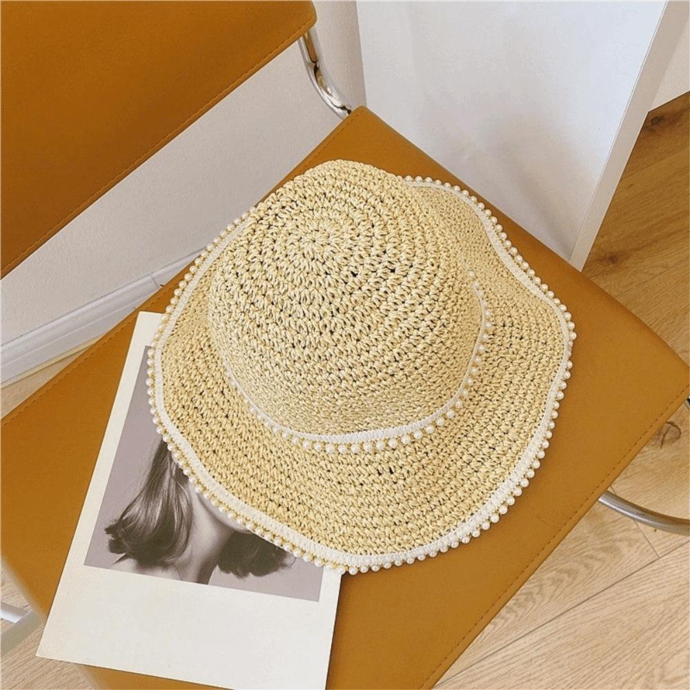 Retro Pearl Women Sun Hat Woven Korean Style Straw Fisherman Hat Foldable Visor Cap Bucket Hat Outdoor
