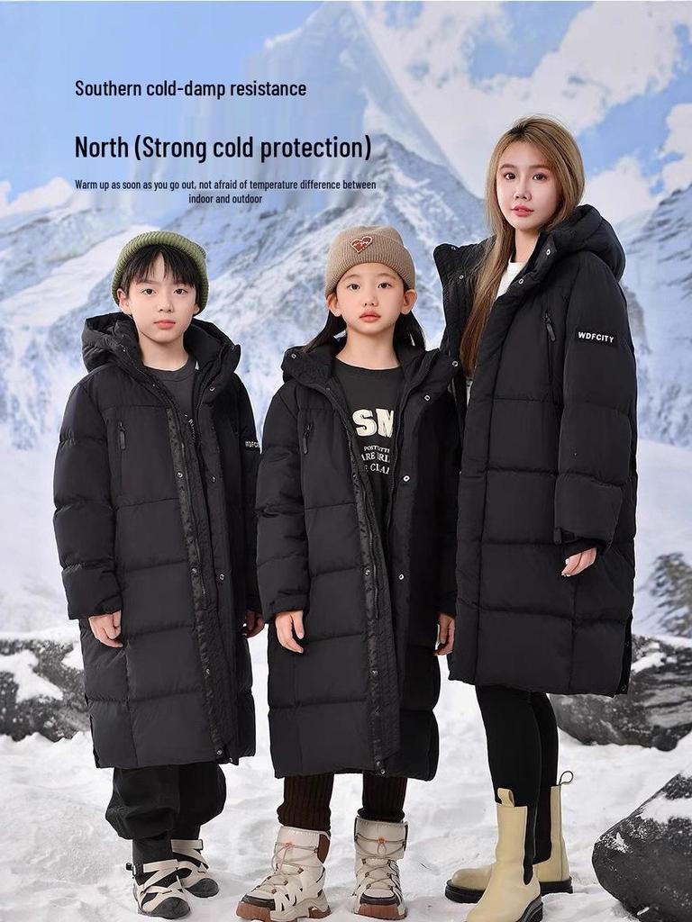Doudoune Mi-longue au Genou 2025 pour Garçons et Filles - Manteau d'Hiver Épais, Chaud et Tendance Parent-Enfant