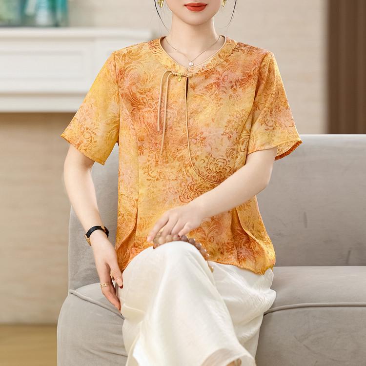 2026 Women s Orange Tie-Dye Round Neck Lantern Sleeve Shirt, Mid-Sleeve Loose Fit, Flattering and Stylish Double Extra Large (2XL) оранжевый