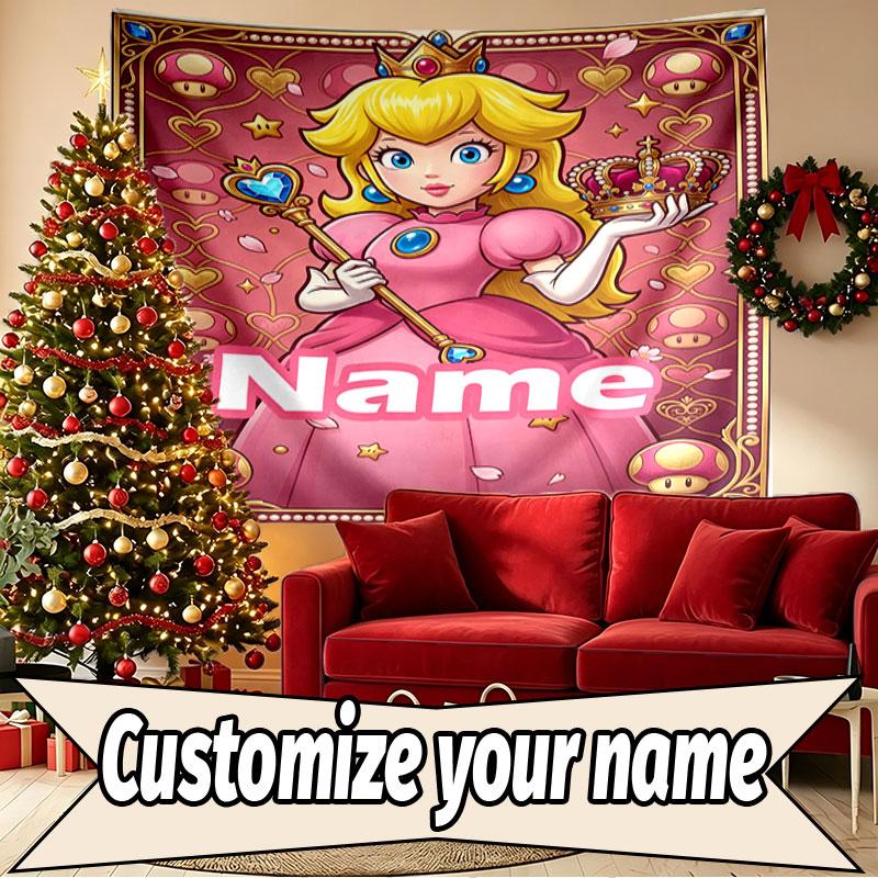 Custom Name Personalized Princess Peach Toadstool Print Tapestry, Wall Art Decor, Bedroom, Dorm, Apartment, LivingRoom, Party Backdrop, Gift for Birth