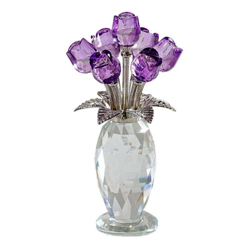 Crystal Rose Figurines Ornament,Crystal Bouquet Ornament Collectibles Handmade Rose Flower Gift for Wife Mom Girlfriend
