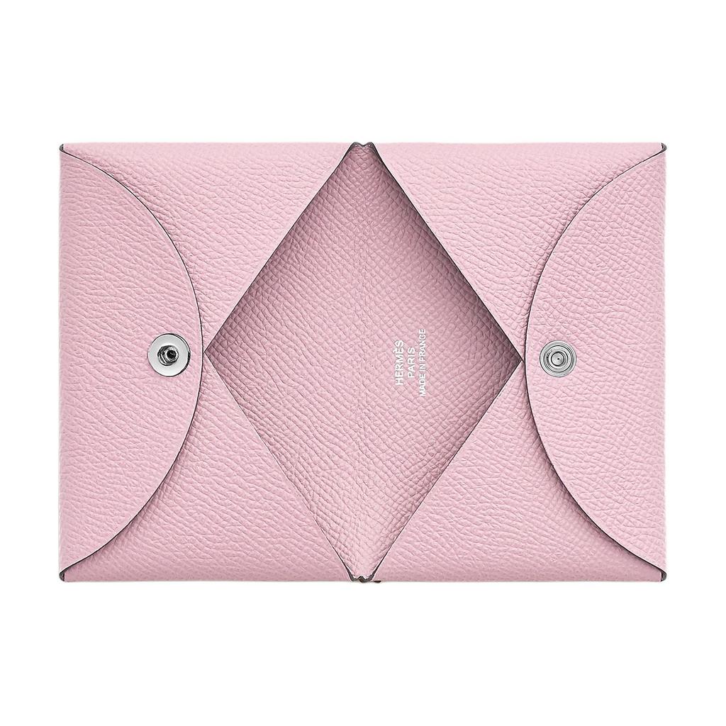 Hermes Calvi 7 Silver Buckle Epsom Leather Card Holder Women card holder Rose-Pink H044164CKM7
