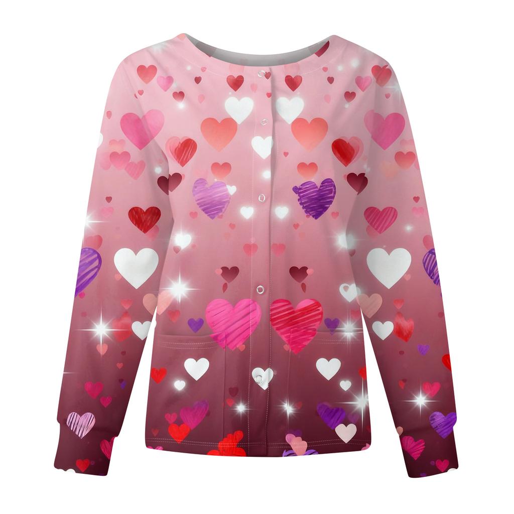 Women's Casual Fashion Long Sleeve Standing Collar Single Breasted Valentine's Day Print Workwear Jacket Tops