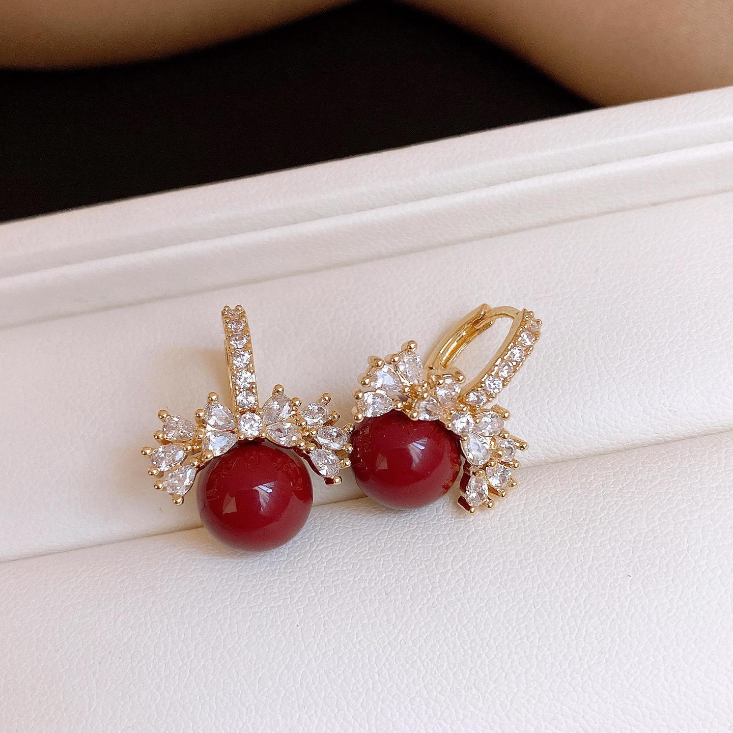 18k electroplated zircon round pearl ear buckle exquisite Korean earrings light luxury earrings women