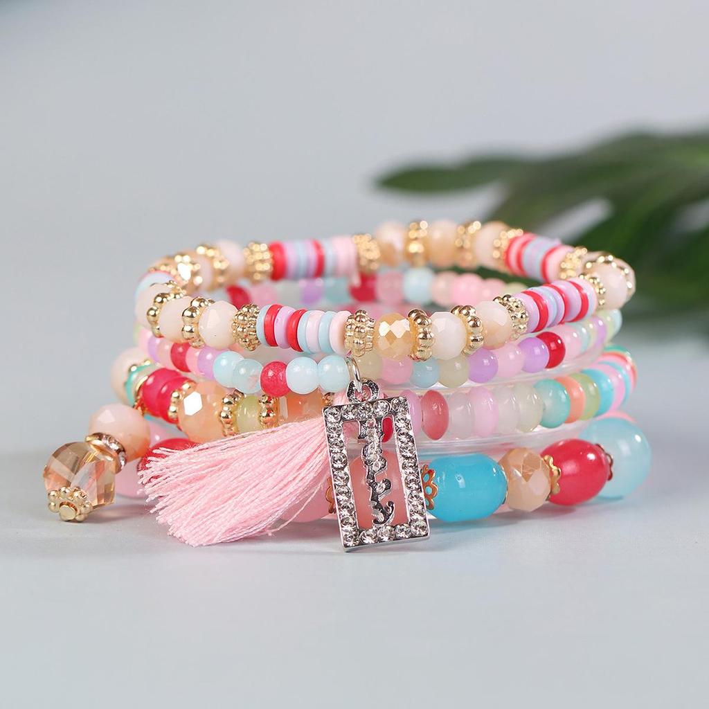 Bohemian Beaded Bracelet Set with Rectangular Tassel Pendant